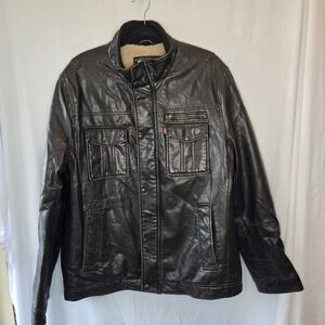 Levi's Sherpa Lined Faux‎ Leather Trucker Jacket Men's XL Brown Retro Cowboy